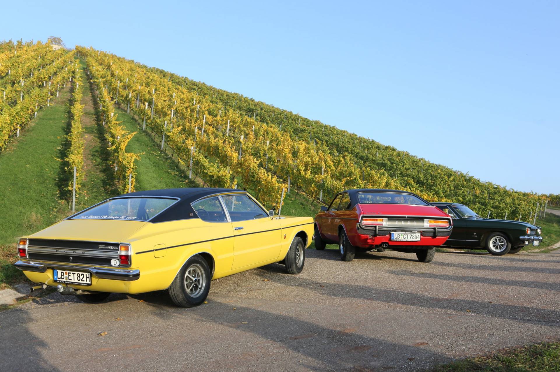 Drei Ford Capri Autos in den Weinbergen